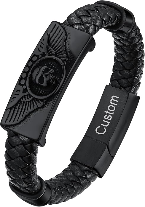 ChainsHouse Mens Wrap Braided Leather Black Bead Bracelets Bangles, Vintage Star of David/Wing Skull/Templar Cross Genuine Leather Bracelet, Customize Available, Size 7.5/8.3/9.0 Inch, Send Gift Box