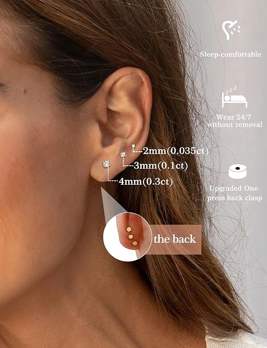3 Pairs Moissanite Flatback Stud Earrings for Women, 925 Sterling Silver Hypoallergenic Flat Back Cartilage Earrings Set, 18K White Gold Plated