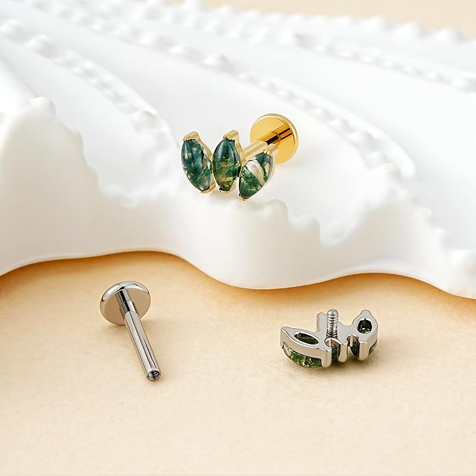 FINE4U 16G Moss Agate Body Piercing Jewelry for Helix Flat Tragus Lobe 16G 6mm 8mm - ASTM F136 Titanium Screw on Flat Back Stud, Hypoallergenic Cartilage Earring