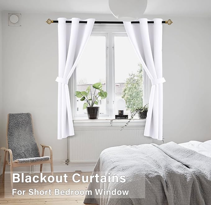 KOUFALL 48 Inch Curtains for Bathroom, Room Darkening Blackout Short Window Curtain 48 inches Long for Bedroom Kitchen, White