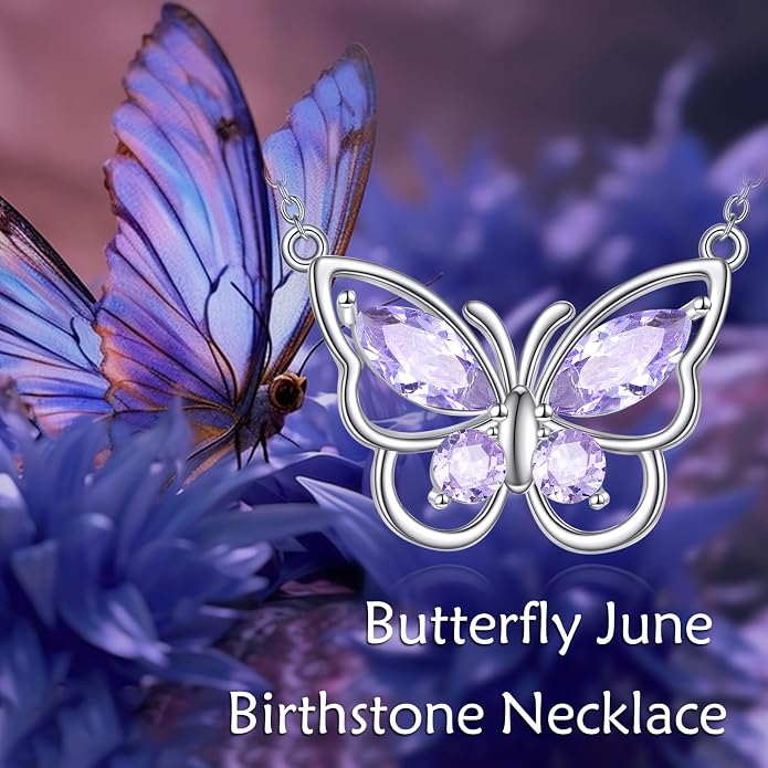 Butterfly Necklace for Women 925 Sterling Silver Crystal Butterfly Pendant Birthstone Amethyst Jewelry Gift