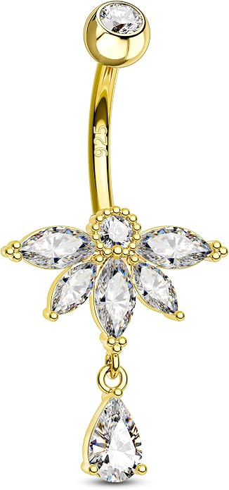 COCHARM 14K Gold Plated Belly Button Ring 14G 10MM Dangle Belly Navel Rings for Women Surgical Steel Navel Barbell Piercing Jewelry