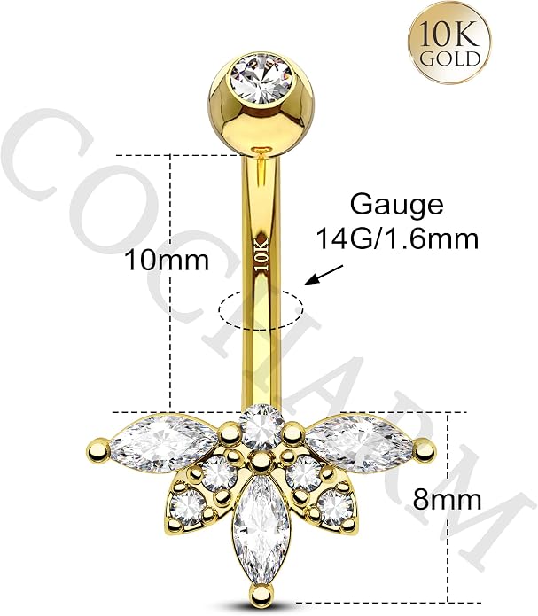 COCHARM 10K Gold Belly Button Rings 14G Lotus Gold Belly Rings for Women Gold Belly Navel Piercing Jewelry Clear CZ