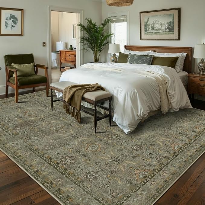 Rugxara 8x10 Area Rugs for Living Room Large Washable Rug, Olive Brown | Non Slip, Rug for Dining Room Bedroom Office Kids Room, Stain Resistant, Soft, Low Pile, Vintage Boho Retro Carpet,Home Decor
