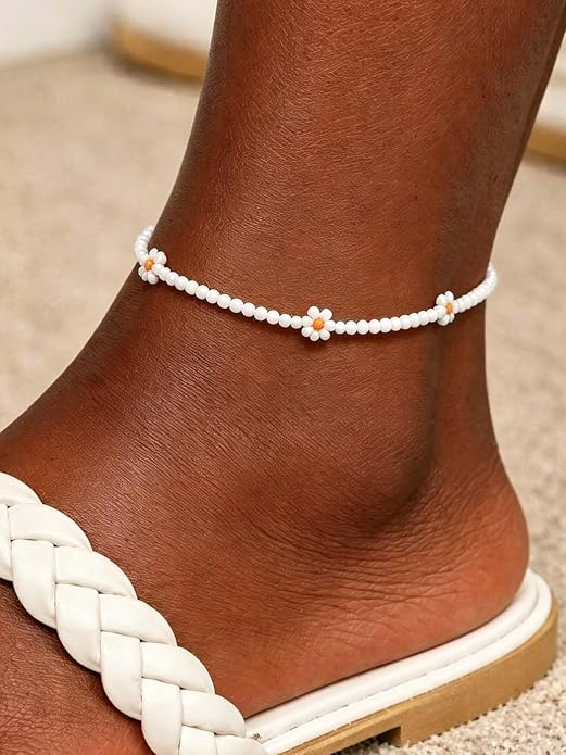 Beaded Chain Ankle Bracelets for Women Waterproof Sunflower Anklets Beachy Vacation Foot Jewelry Gifts