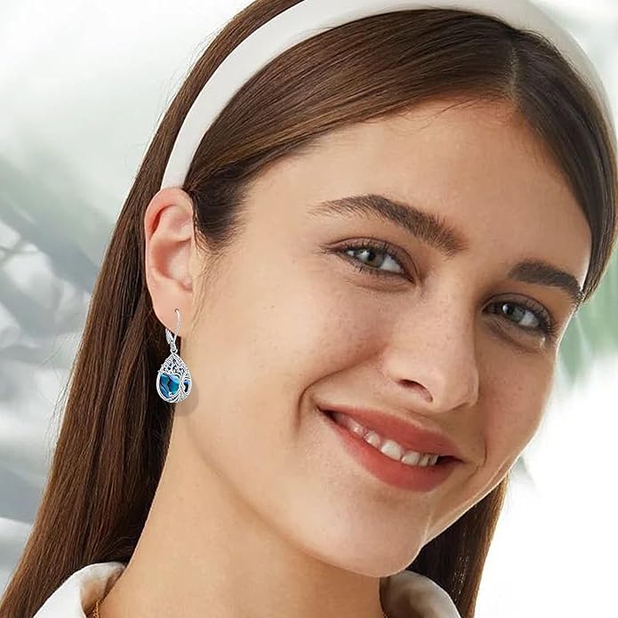 Odinstone 925 Sterling Silver Earrings Tree of Life Teardrop Moonstone Dangle Drop Leverback Earrings for Women