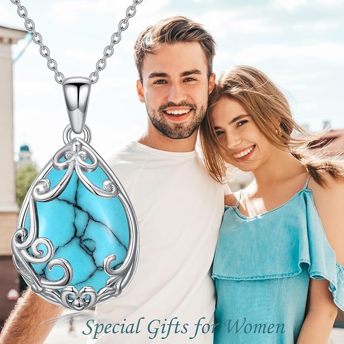 HPQQ Teardrop Necklace 925 Sterling Silver Filigree Gemstone Pendant Necklace Fine Jewelry Birthday Mother's Day Gifts for Women Her Mom