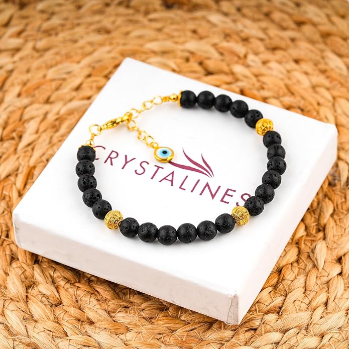 AAA Grade Natural Gemstone Beaded Bracelet, 14K Gold Plated with Evil Charm, Wicca & Reiki Healing Crystals, Handmade Bohemian Jewelry, Christmas Gift for Women (7+1inch)