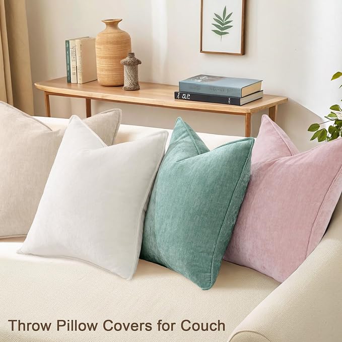 decorUhome Set of 4 Chenille Throw Pillow Covers 18x18 (Beige/Pink) | Couch Decorative Soft Neutral Pillow Covers with Elegant Design for Living Room Bed Sofa