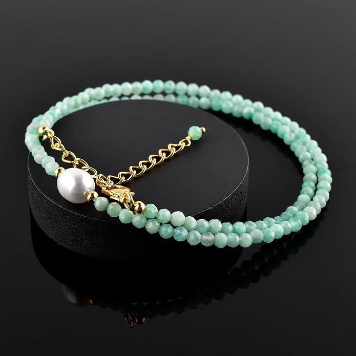 InfinityGemsArt Gemstone Gold Necklace For Women, Birthstone Natural Crystal Stone With Freshwater Pearl Beaded Jewelry, Gold Plated 18 Inch Chain