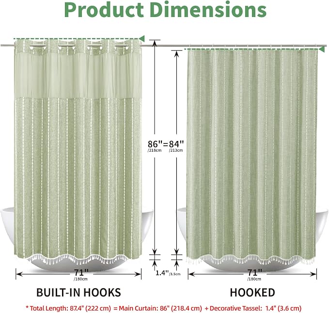 eachope No Hook Extra Long Shower Curtain Set with Snap-in Liner,Linen Textured Thick Striped Fabric with Tassels,Boho Chic Modern Farmhouse Bathroom Curtain,Water-Repellent,Sage Green,71x86