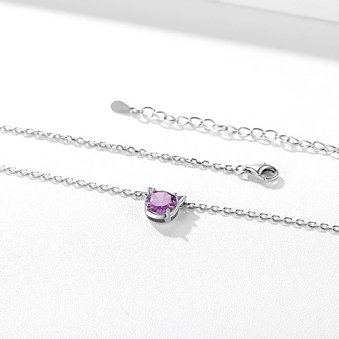 ChicSilver Bow and Cat Birthstone Necklace, 925 Sterling Silver Pendant Necklaces for Women, Hypoallergenic Silver Choker with 16 inch Rolo Chain, 12 Months Jewelry for Valentines Mothers Day Christmas