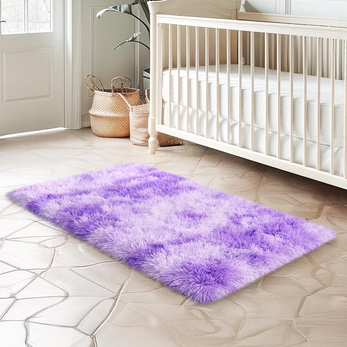 qulint 2x3 Purple Rugs for Bedroom, Fluffy Small Rug for Living Room | Soft Shag Tie-dyed Purple Nursery Rug, Fuzzy Shaggy Alfombra for Kid Room Rug Dorm Classroom Home Decor