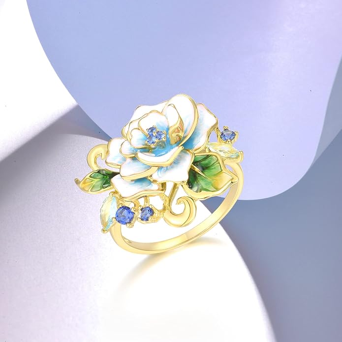 Santuzza 925 Sterling Silver Enamel Flower Statement Ring for Women