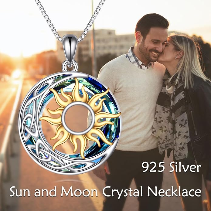 Sun and Moon Necklace for Women 925 Sterling Silver Celtic Crescent Moon Pendant Blue Opal/White Opal/Abelone Shell/Labradorite/Moonstone Jewelry Gift for Teen Girls