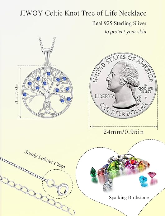 Celtic Knot Tree Necklace 925 Sterling Silver Tree of Life Pendant Birthstone Jewelry for Women