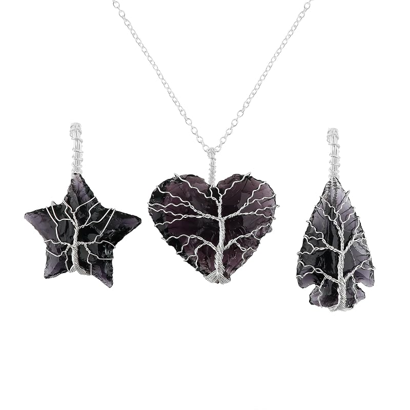 (3pcs) (Tree of Life Craft) Raw Purple Sea Glass Rough Crystals Pendant Necklace, Heart & Star & Arrow Shapes, Wire Wrapping, Women Jewelry, Dainty Silver Plated Chain 18 inch