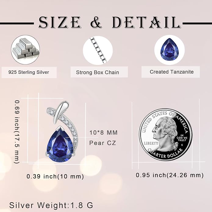 Teardrop Birthstone Necklace for Women,925 Sterling Silver Pear Cut Zircon Gemstone Pendant Necklace for Birthday Engagement Anniversary Wedding Jewelry