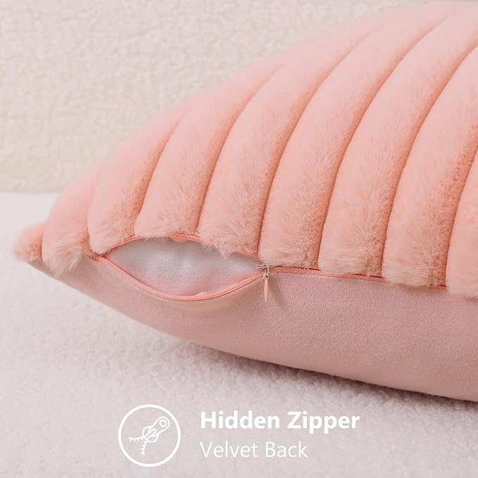 decorUhome Fall Faux Fur Throw Pillow Covers 24x24 Set of 2 Blush Pink | Decorative Soft Cozy Striped Plush Modern Farmhouse Boho Couch Pillow Cases Velvet Back for Sofa Bed Living Room Home Decor