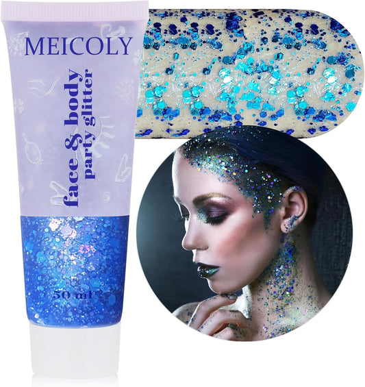 MEICOLY Chameleon Blue Body & Face Glitter Gel, Color Changing Mermaid Sparkle for Concerts & Parties, 50ml