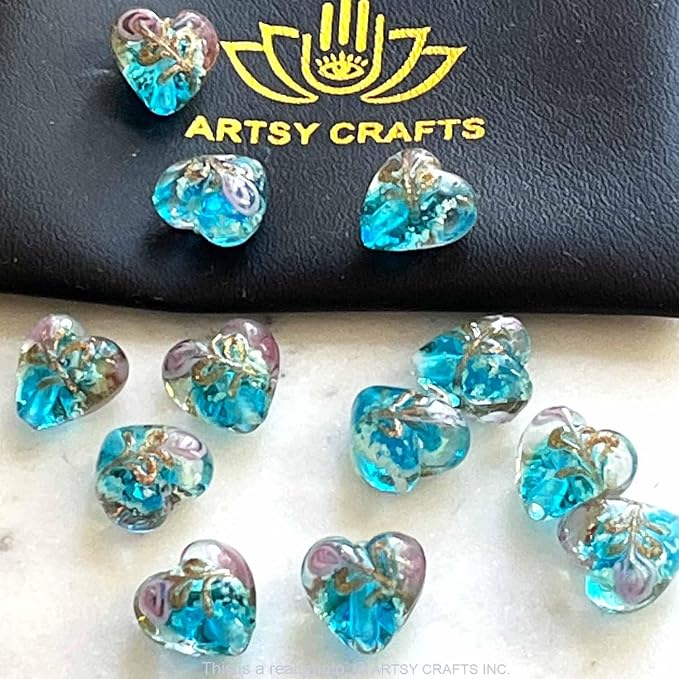 Artsy Crafts 12 Pcs Heart Shaped Glow in The Dark Firefly Beads 12mm European Lampwork Luminous Glass Beads for Jewelry Making Charm Bracelet Necklace Earrings Crafts (Heart - Blue)