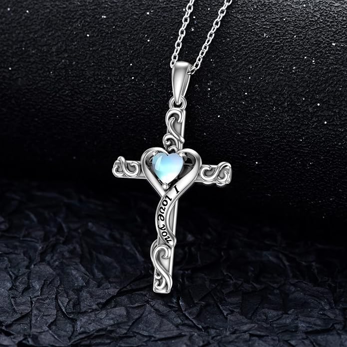 TOUPOP Cross Birthstone Necklace for Women 925 Sterling Silver Heart Cross Pendant I Love You Jewelry Anniversary Birthday Mothers Day Gifts for Mom Wife Her