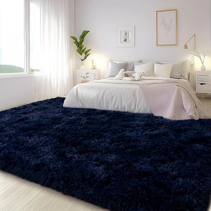 Large Area Rugs for Living Room Bedroom 9x12 Navy Blue Shag Rugs | Ultra Soft Fluffy Shaggy Plush Fuzzy Modern Indoor Throw Floor Carpet for Kids Girls Boys Dorm Nursery Home Decor Aesthetic