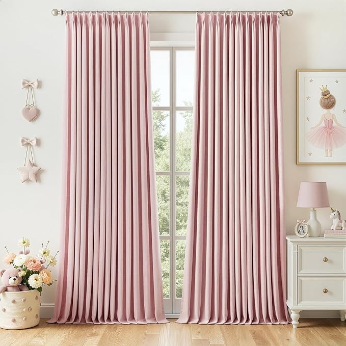 MIULEE Pink Pinch Pleated 100% Blackout Linen Curtains for Bedroom, Room Darkening Memory Trained Light Blocking Window Curtains 102 inches Long for Living Room, Black Out Pleat Drapes, 2 Panels
