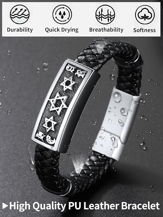 ChainsHouse Mens Wrap Braided Leather Black Bead Bracelets Bangles, Vintage Star of David/Wing Skull/Templar Cross Genuine Leather Bracelet, Customize Available, Size 7.5/8.3/9.0 Inch, Send Gift Box