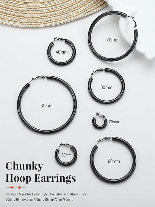FaithHeart Chunky Hoop Earrings for Women, Silver/Black/14K Gold Plated Stainless Steel Earrings 5mm Thick Hollow Tube Hoops Hypoallergenic Lightweight Earring 20/30/40/50/60/70/80mm