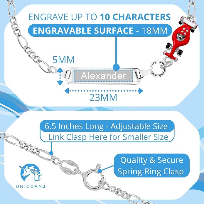 UNICORNJ 925 Italy Sterling Silver Child or Baby Name Bracelet Girls Boys, Personalized Engraved Kids ID Bracelets, 6.5" Figaro Chain, Enamel Charm Newborn Infant Toddler Kid Jewelry