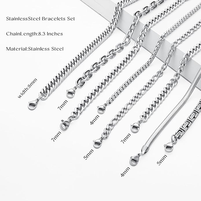 Chain Bracelet for Men Stainless Steel Cuban Link Curb Figaro Herringbone Rope Paperclip Snake Byzantine Curb Chunky Chain Silver Bracelets Jewelry Set for Men 8.3 Inches