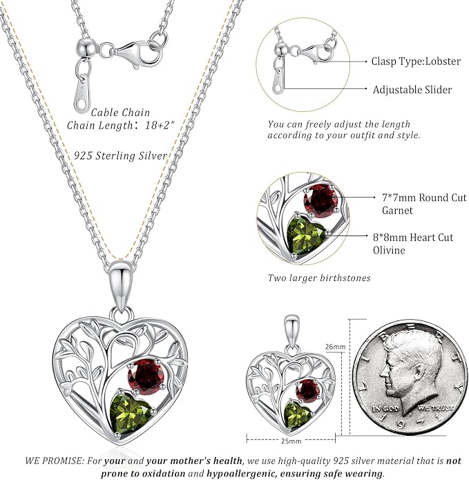 Tree of Life Birthstone Necklace Birthday Gifts 925 Sterling Silver Heart Pendant Birthstone Necklaces for Women Personalized 2 Gemstone Anniversary Graduation Gifts for Her Wife Mom