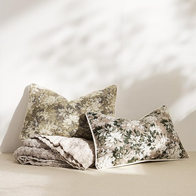 DEZENE Pack of 2 Vintage Floral Pillow Covers 12x20 Boho Farmhouse Accents Chenille Rectangular Lumbar Decorative Throw Pillow Cases for Living Room Couch Bed Home Decor, Green and Taupe