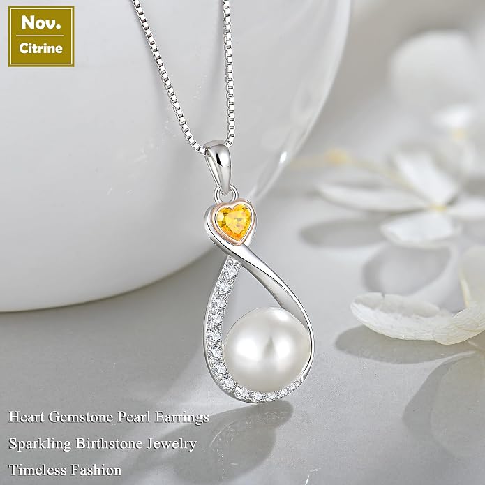 Heart Birthstone Pearl Pendant Necklace, 925 Sterling Silver Infinity Necklace with 10mm Freshwater Cultured Pearl & 4mm Gemstone Jewelry for Women