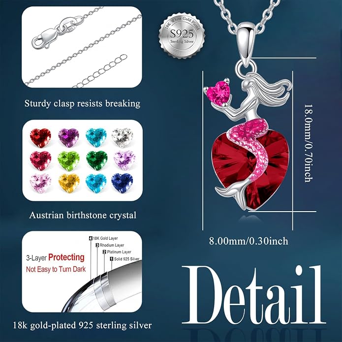 Mermaid Birthstone Necklace for Women 925 Sterling Silver Jewelry Austrian Crystal Pendant Christmas Gifts for Her
