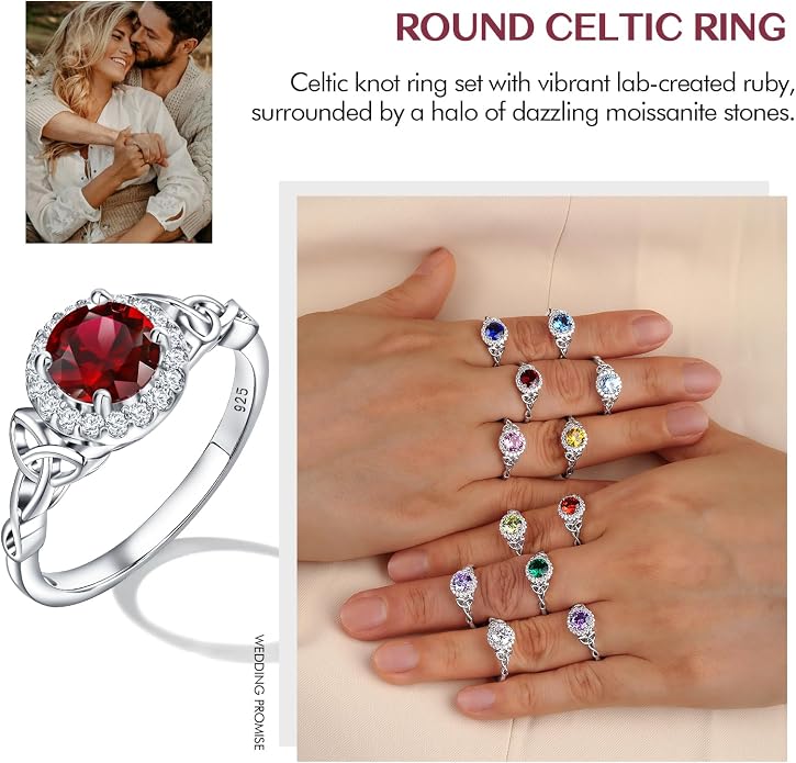DAYBYDAY Celtic Birthstone Rings for Women 925 Sterling Silver Heart/Round/Pear/Oval Created Gemstone Moissanite Halo Engagement Promise Rings for Her Wife Birthday Anniversary Wedding Jewelry