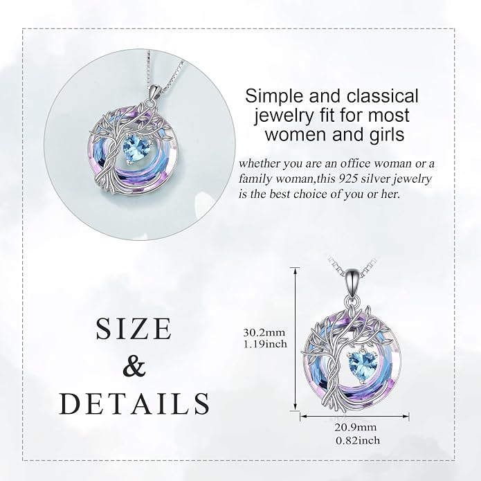 POPLYKE Mothers Day Gifts for Mom Her Wife Tree of Life Necklace 925 Sterling Silver Birthstone Pendant with Crystal Anniversary Birthday Wedding Jewelry for Women