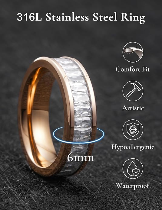 King Will 6mm 316L Stainless Steel Eternity Ring for Women, Colorful Baguette-Cut Cubic Zirconia Stackable Band, Pipe Cut Anniversary Engagement Ring Comfort Fit, Size 6-10