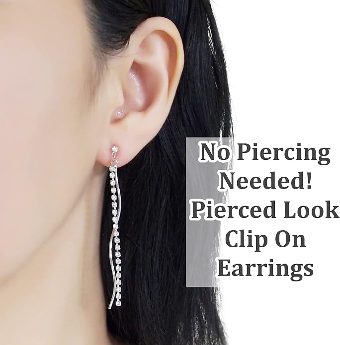 Comfortable Stick Invisible Clip On Earrings Gold Dangle Long Waved Threader Bar Clip-On Non Pierced Earrings Silver For Women,…