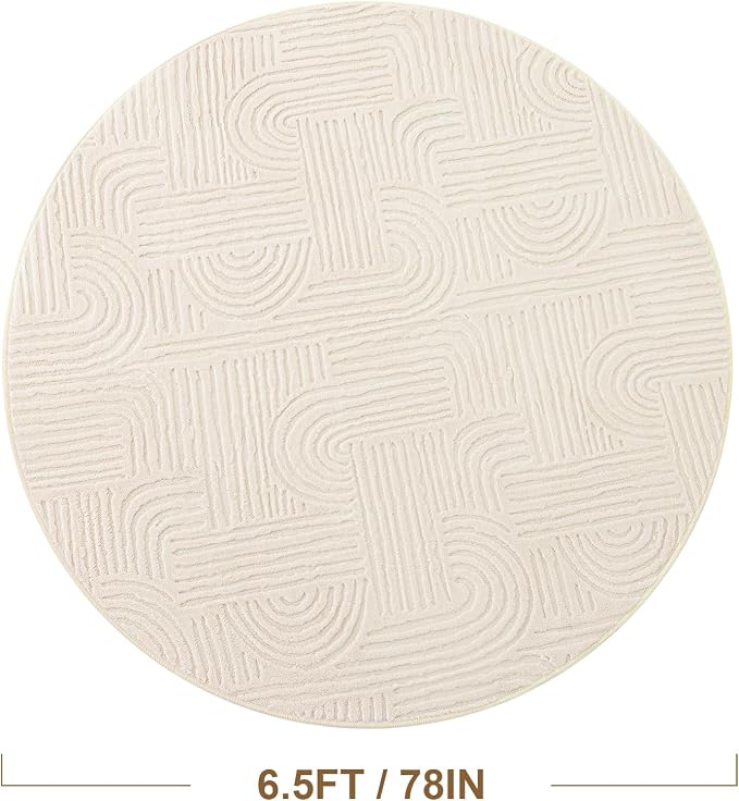Carvapet 6.5' Round Rug Beige Washable High Low Pile Area Rug Soft Plush Carpet for Living Room Bedroom Non Slip Indoor Floor Rug for Home Kids Nursery Decor