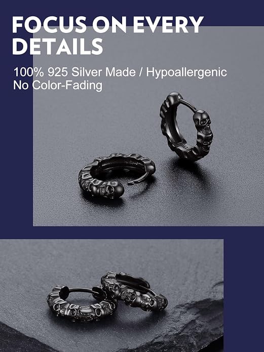 Bandmax 925 Sterling Silver Black Huggie Hoop Earrings 10mm Small Hypoallergenic Cartilage Piercing Jewelry for Women Men Gift