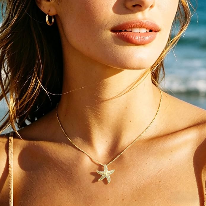 Starfish/Seashell Necklace for Women, 925 Solid Sterling Silver / 14k Gold Plated Sea Life Jewelry with 5A Cubic Zirconia Shell Necklace, Trending Summer Holiday Jewelry Gift for Her