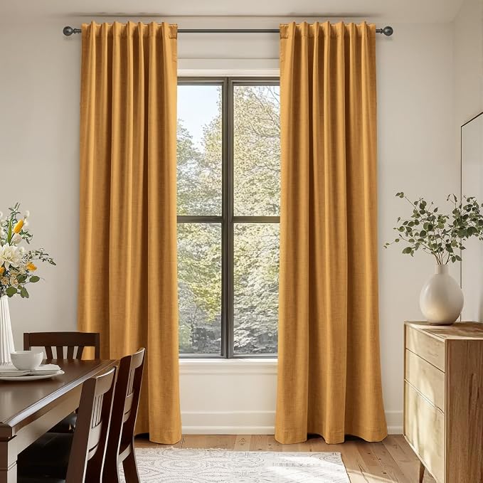 100% Blackout Shield Linen Blackout Curtains for Bedroom 108 Inches Long,Back Tab/Rod Pocket Living Room Drapes,Thermal Insulated Textured Blackout Curtains 2 Panels Set,50" W x 108" L,Mustard Yellow