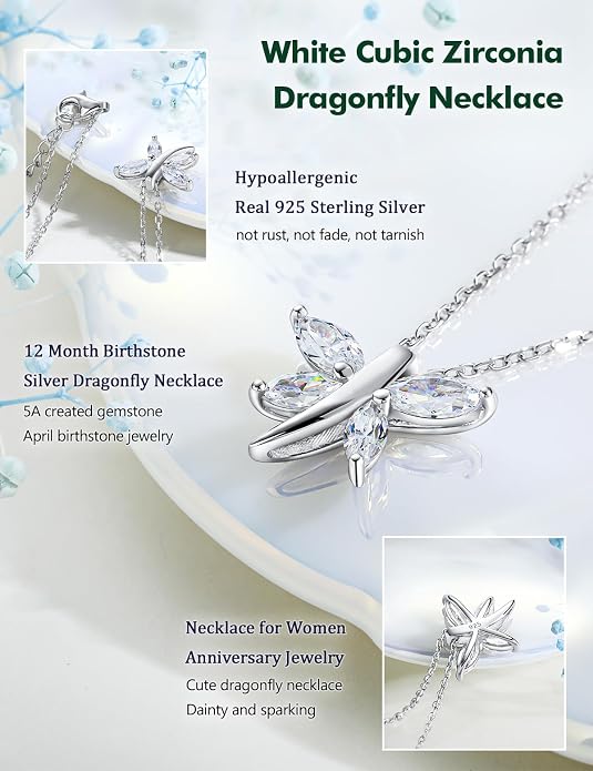 925 Sterling Silver Birthstone Necklaces for Women, Dainty Cute Dragonfly/Butterfly Pendant Necklace, Great Christmas/Anniversary Jewelry for Mother