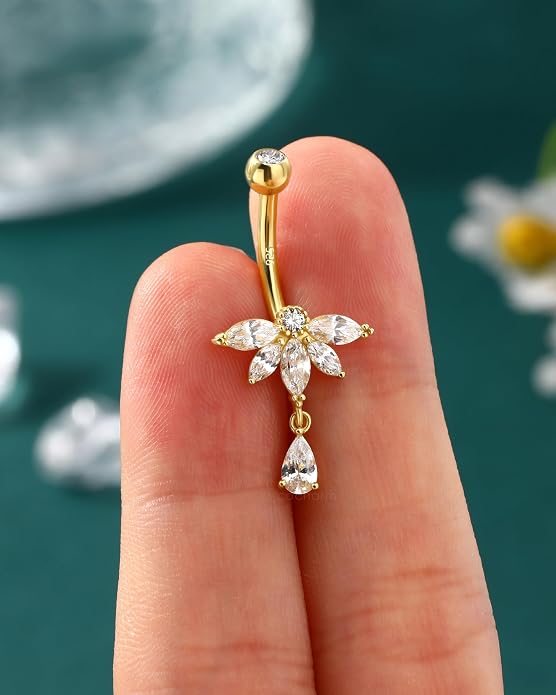 COCHARM 14K Gold Plated Belly Button Ring 14G 10MM Dangle Belly Navel Rings for Women Surgical Steel Navel Barbell Piercing Jewelry