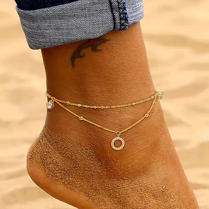 925 Sterling Silver Beaded Anklets for Women 14K Gold Plated Layered Ankle Bracelets Waterproof Cubic Zirconia Circle Charm Anklets Summer Jewelry Birthday Graduation Gifts