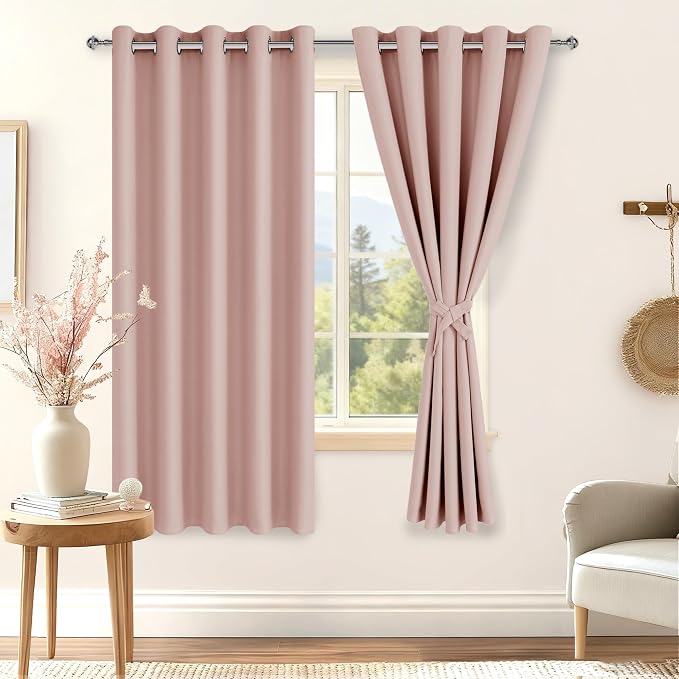 Hiasan Blackout Curtains for Bedroom, 60 x 63 Inches Length - Thermal Insulated Noise reducing Window Curtains for Living Room, 2 Drape Panels Sewn with Tiebacks, Blush