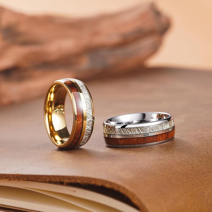 King Will Tungsten Rings for Men Meteorite Carbon Fiber Wood Inlay Mens Wedding Engagement Band Domed Polished