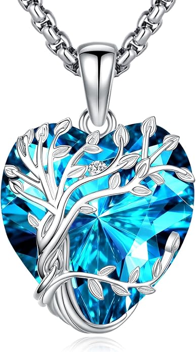 Eusense Tree of Life Necklace for Women White Gold Plated Copper Moonstone/Turquoise/Black Onyx/Crystal Birthstone Pendant Jewelry Gifts for Women Men